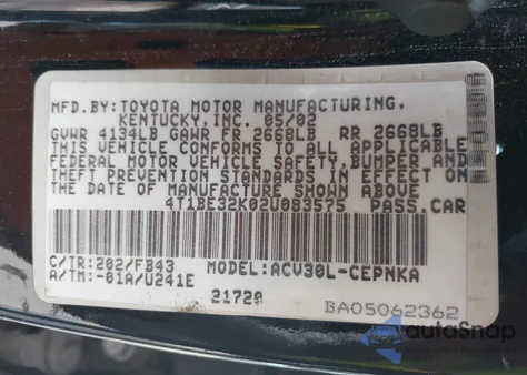 2002 Toyota Camry Le из США, поврежденный, VIN 4T1BE32K02U083575